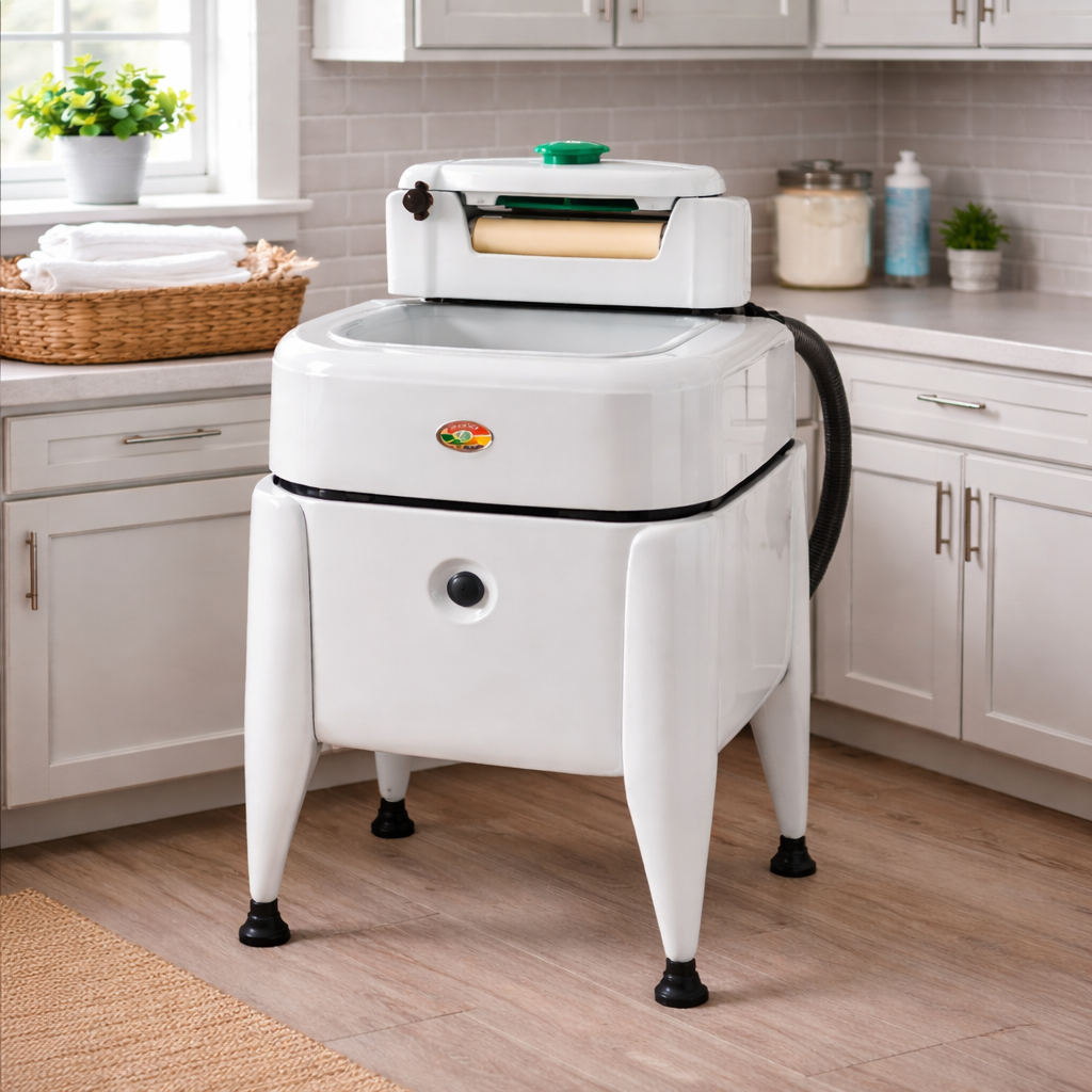 Vintage wringer washing machine placed in a modern laundry room with contemporary cabinets and countertops.